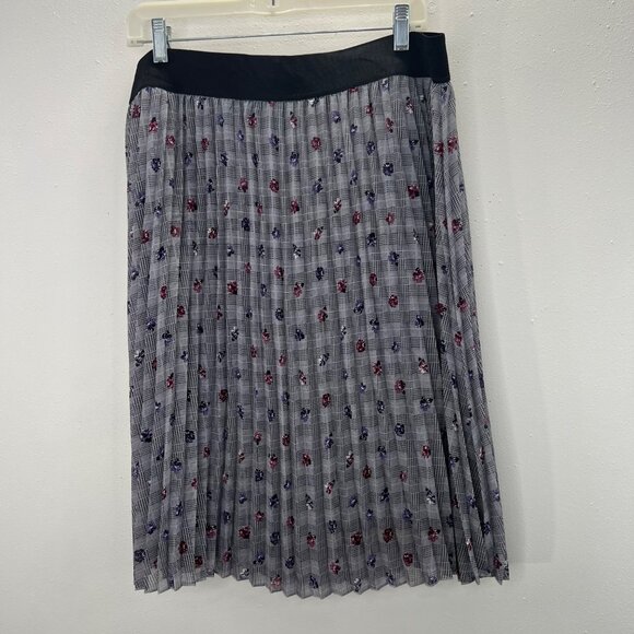 Elle Pleated Midi Skirt Gray XL Houndstooth Floral Print Elastic Waist Pull On - Picture 4 of 6
